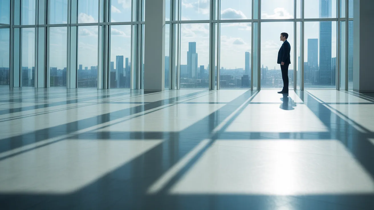 A spacious, sunlit office with a person taking a quiet break by a large window, creating a serene and focused atmosphere.