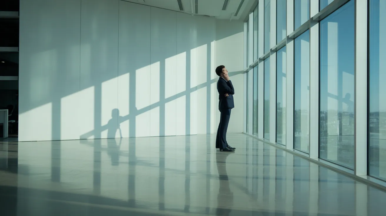 A wide view of a sunlit modern office where a person stands by the window, pausing from work.