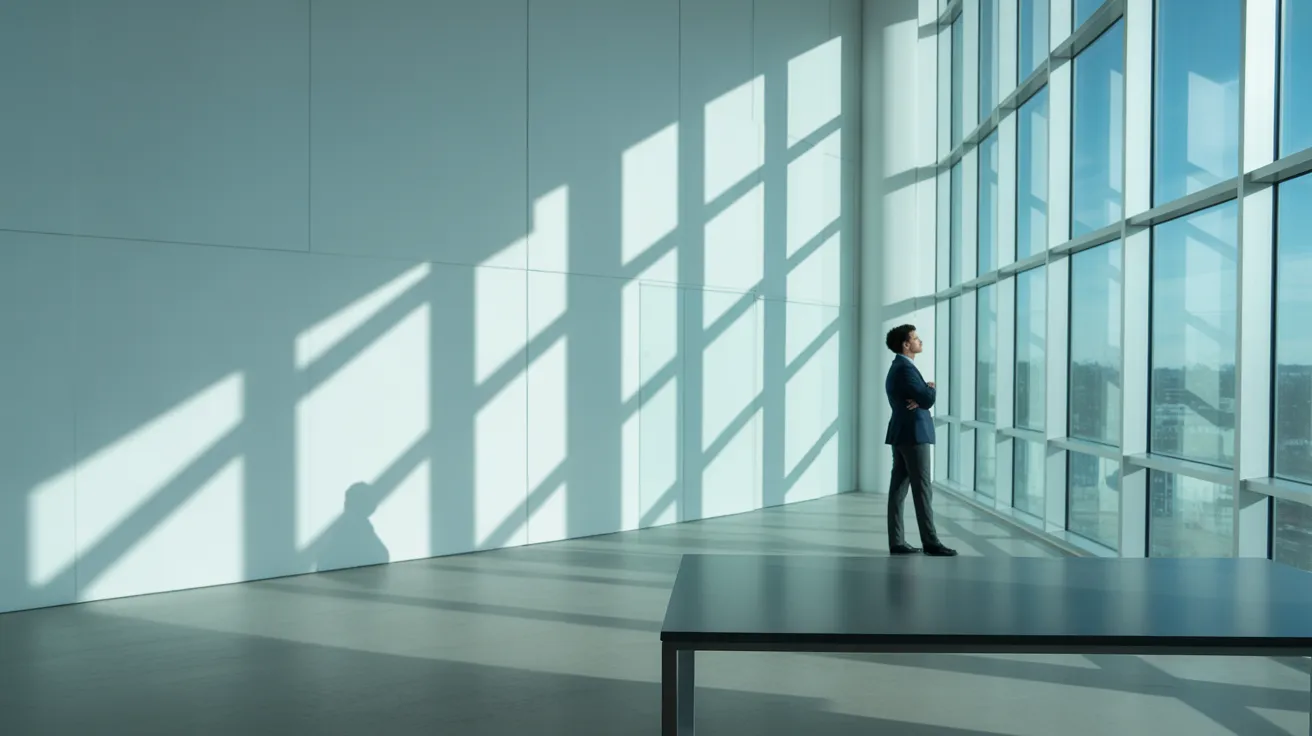 A person in professional attire stands by a large window in a sunlit office, taking a break from work and gazing at the city view.