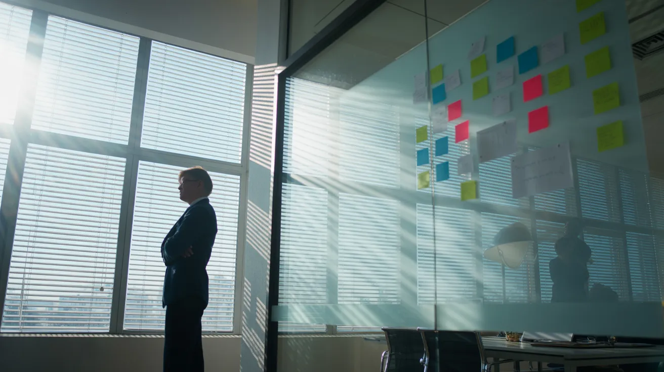 A person stands in a sunlit modern office with long shadows, looking out a window. A whiteboard with colorful notes is in the background.