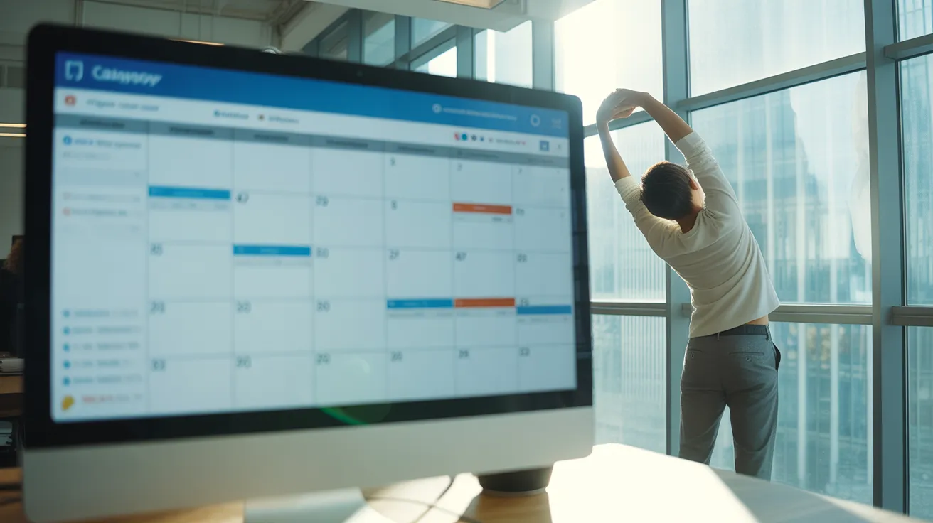 A person stretches by a large window in a sun-drenched office. On the desk, a monitor displays a blurred calendar interface.