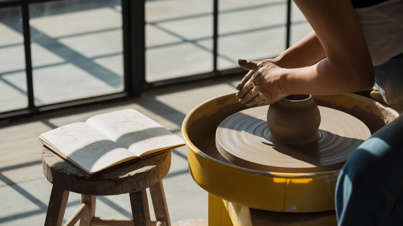 A potter works at a wheel in a bright studio with harsh sunlight creating strong shadows. A sketchbook with designs is visible on a stool.