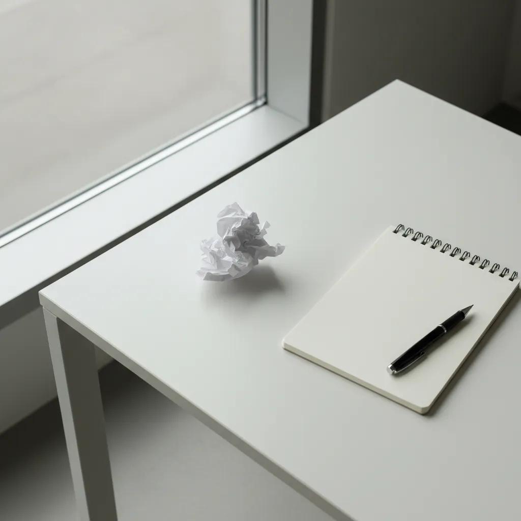 A crumpled paper ball sits next to an open, blank notebook and a pen on a light-colored desk, suggesting a discarded first attempt.