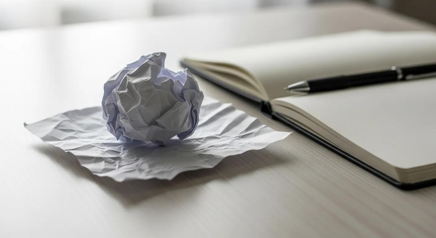 A crumpled paper ball sits beside an open, blank notebook and a pen on a simple desk, symbolizing the process of starting over.