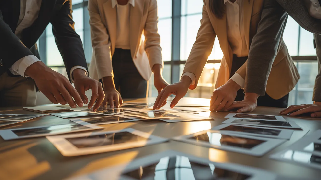 A diverse team in a sunlit office carefully selecting the best photo from a large pile, illustrating the concept of curation.