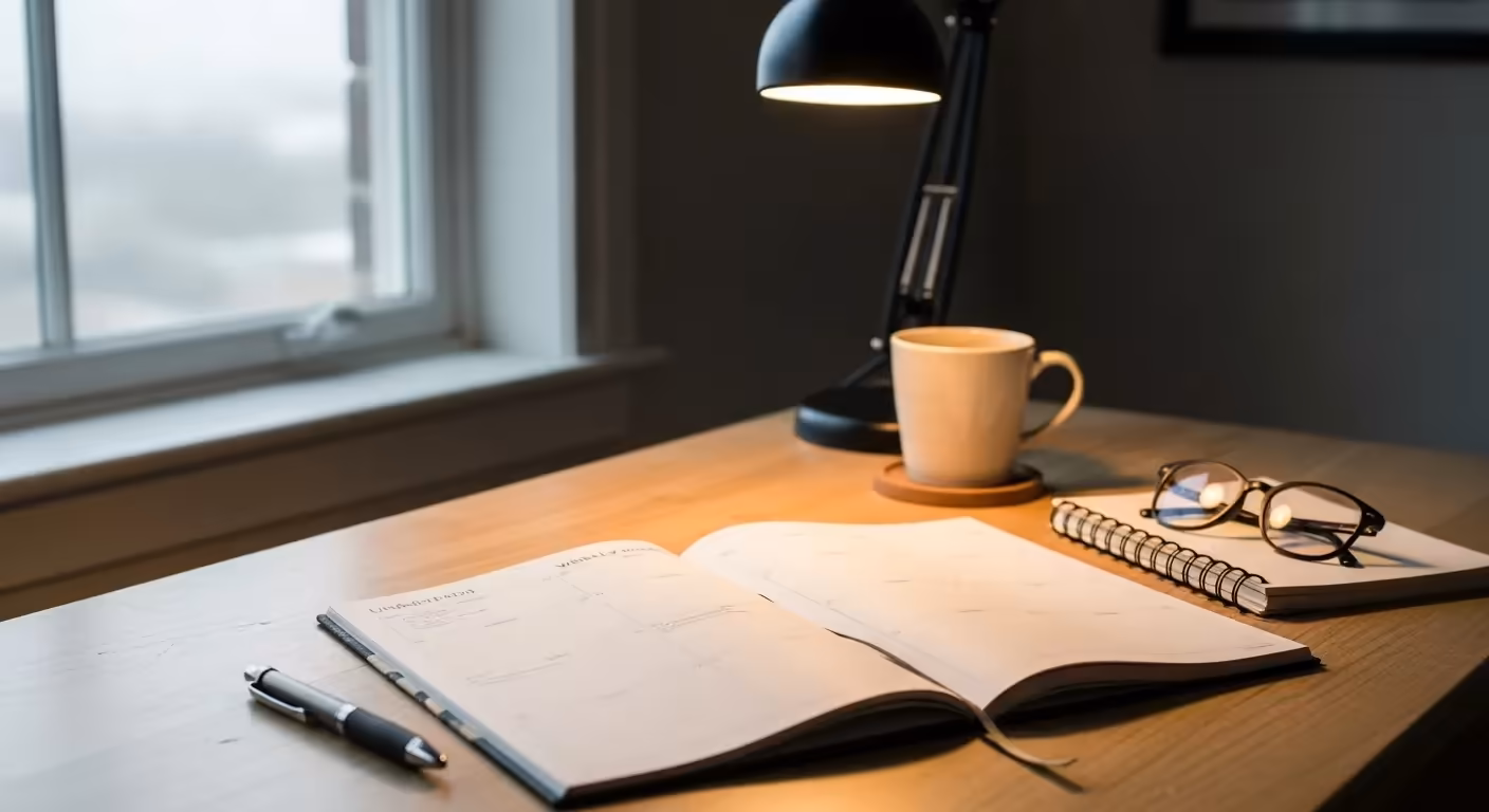 A well-lit, organized desk with an open planner, reading glasses, and a task lamp, creating an accessible goal-setting environment.