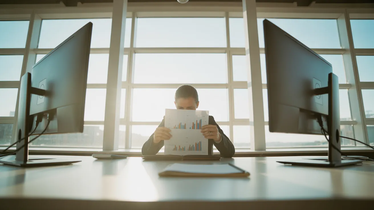 Low angle view of a person working at a dual-monitor setup in a sunlit office. They are backlit by a large window.