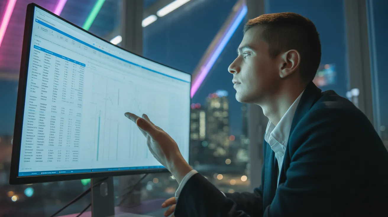 A person viewed from a low angle, studying a complex data form on a glowing vertical monitor in a dark office illuminated by neon city lights.
