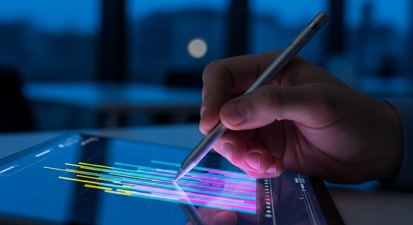 An extreme close-up of a hand holding a stylus against a tablet screen, which shows out-of-focus colorful graphs in a dark room.