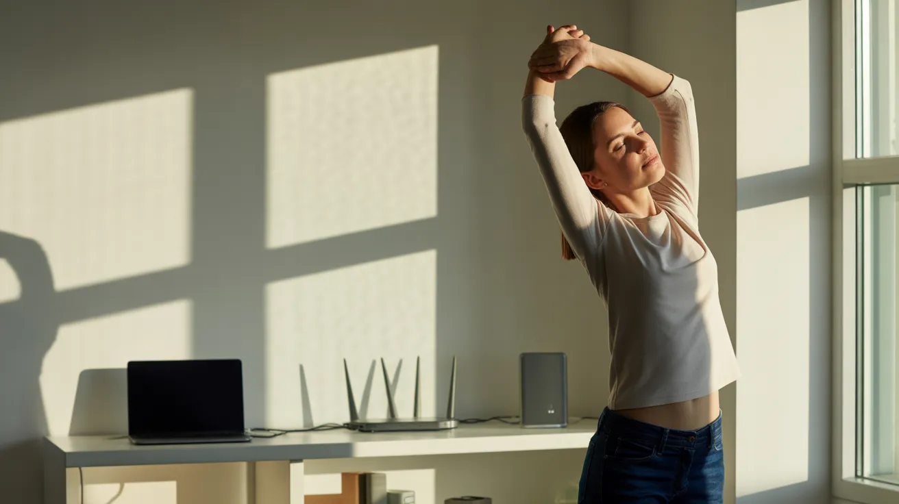 A woman stretches in a sunlit home office. A desk and shelf in the background are neatly organized with a laptop and external storage devices.