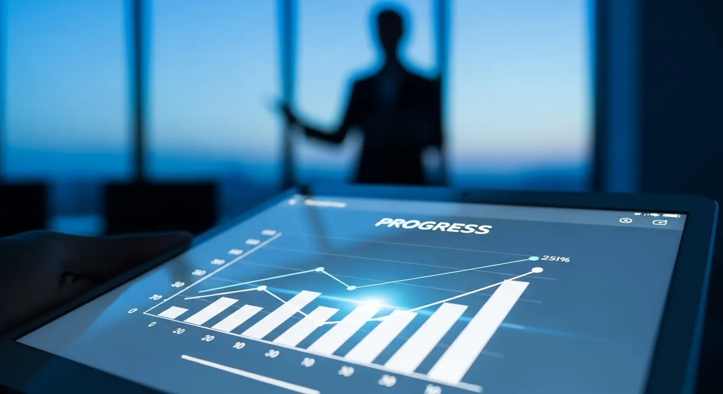 A close-up of a tablet screen showing a business chart, with a person presenting in the out-of-focus background during twilight.