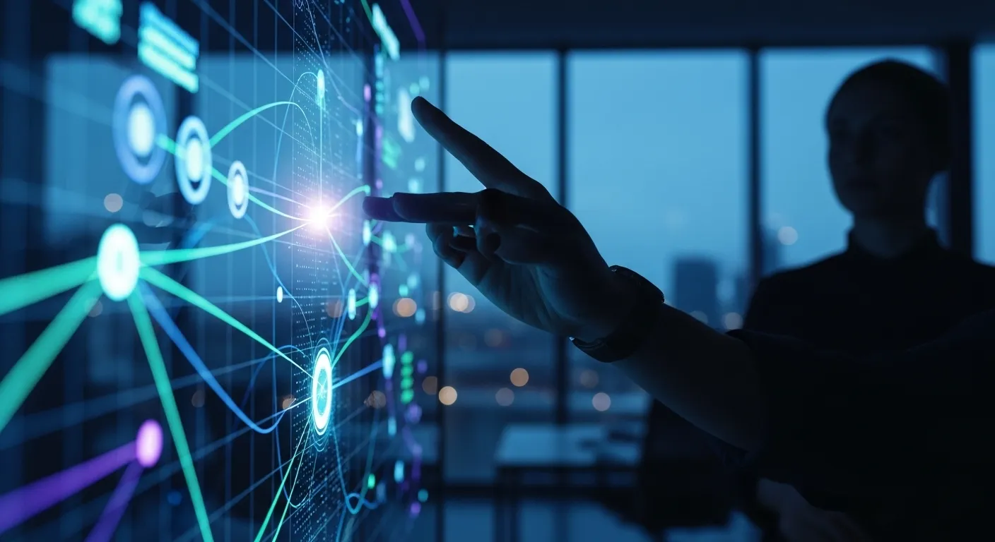 Close-up of a hand pointing at a non-readable data chart on a large screen in a dimly lit, modern office at dusk.