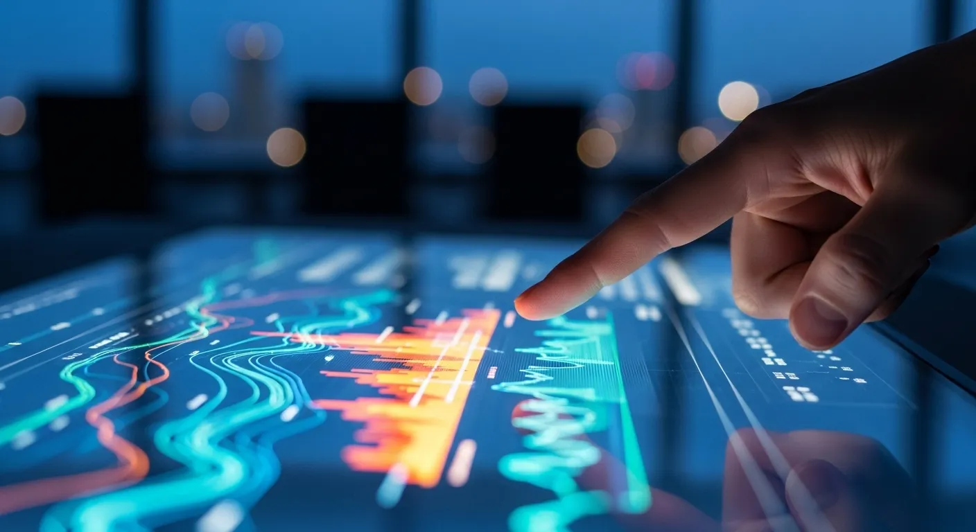 A close-up on a hand pointing to a colorful, abstract chart on a digital screen during dusk in an office setting.