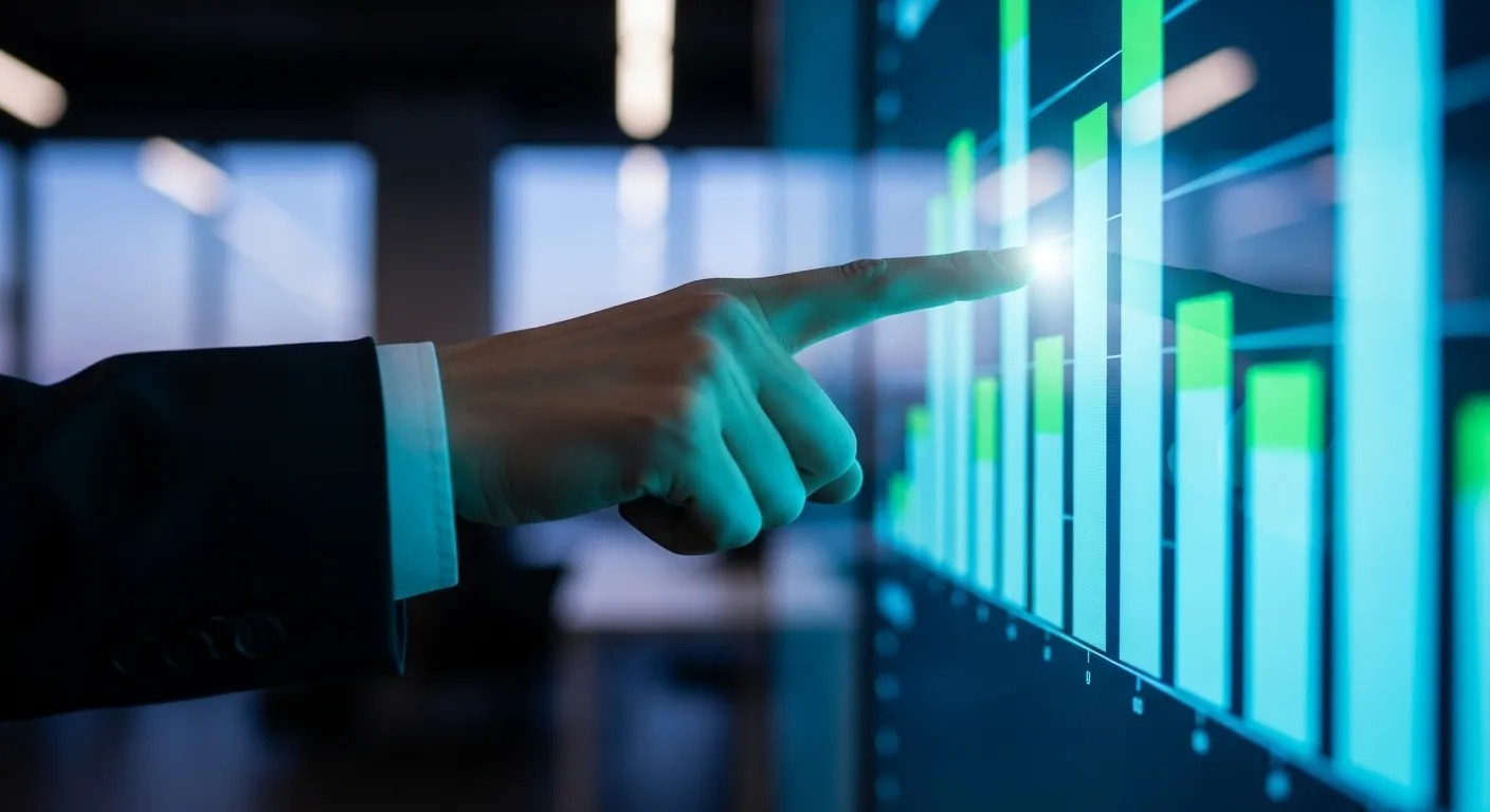 Close-up of a hand pointing to an illuminated data chart on a screen in a dimly lit office, illustrating a feedback loop.
