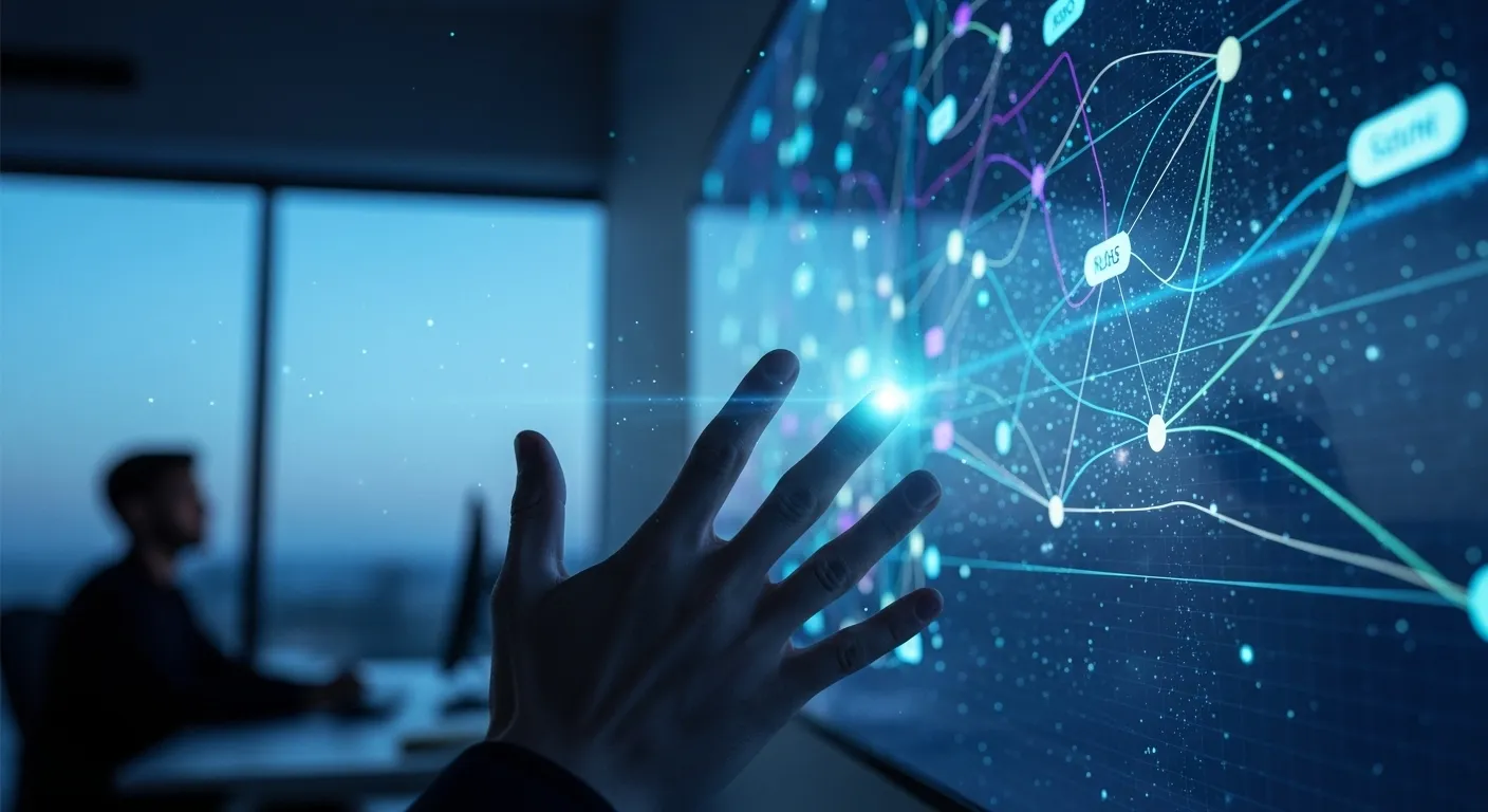 A close-up of a hand pointing to a colorful chart on a screen in a dimly lit office.