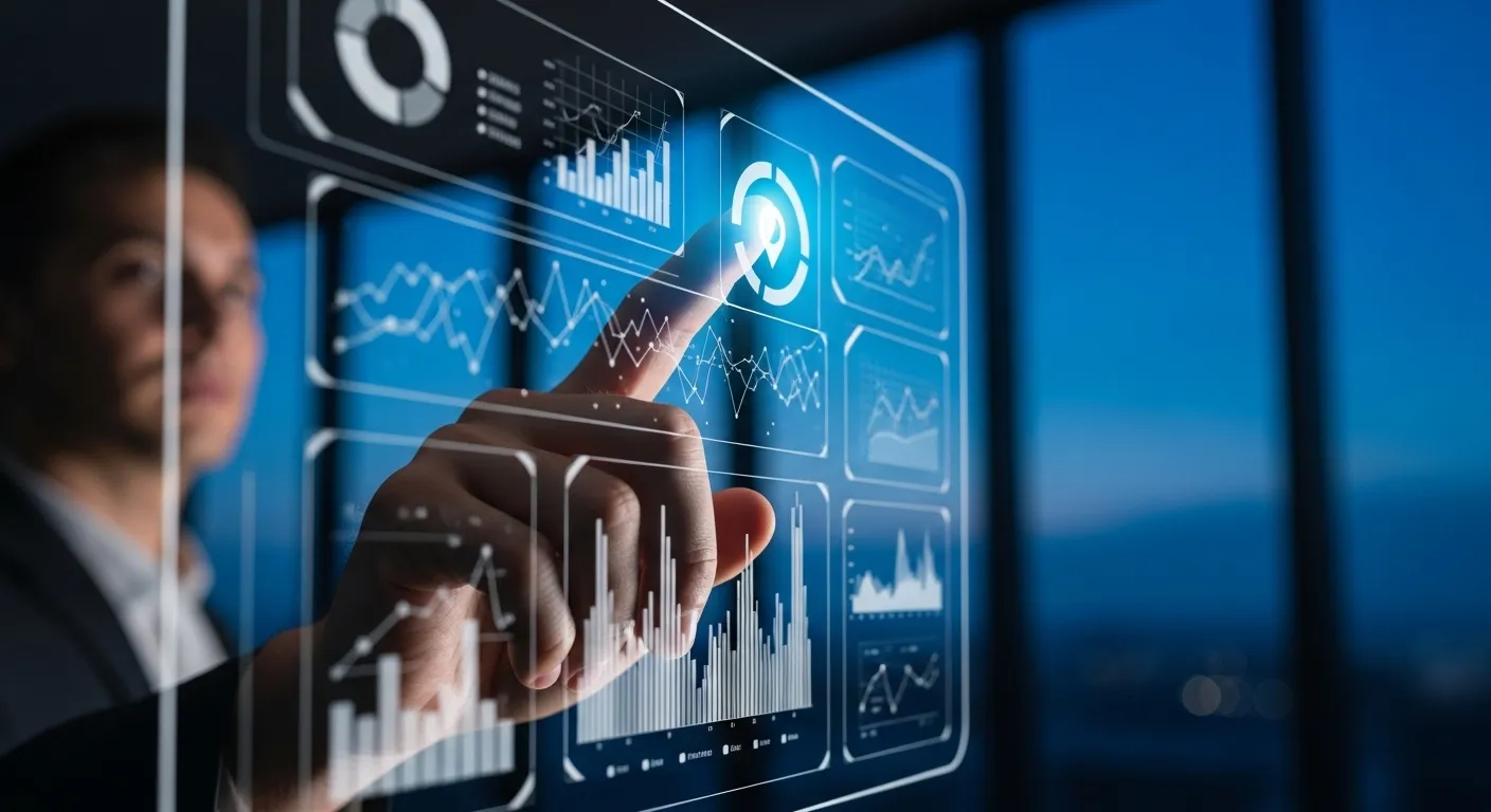 A close-up of a hand pointing to an illuminated chart on a screen during a business presentation at blue hour.