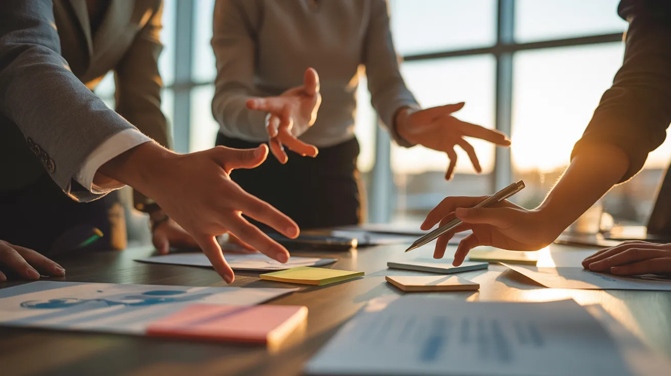 Close-up of several people's hands gesturing over papers on a meeting table during golden hour, suggesting a late-running meeting.