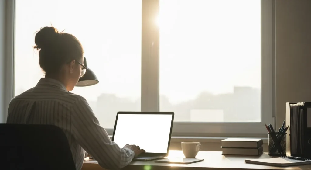 A professional sits at a modern desk by a window with morning light, focused on their laptop. A coffee mug is next to them on the organized surface.