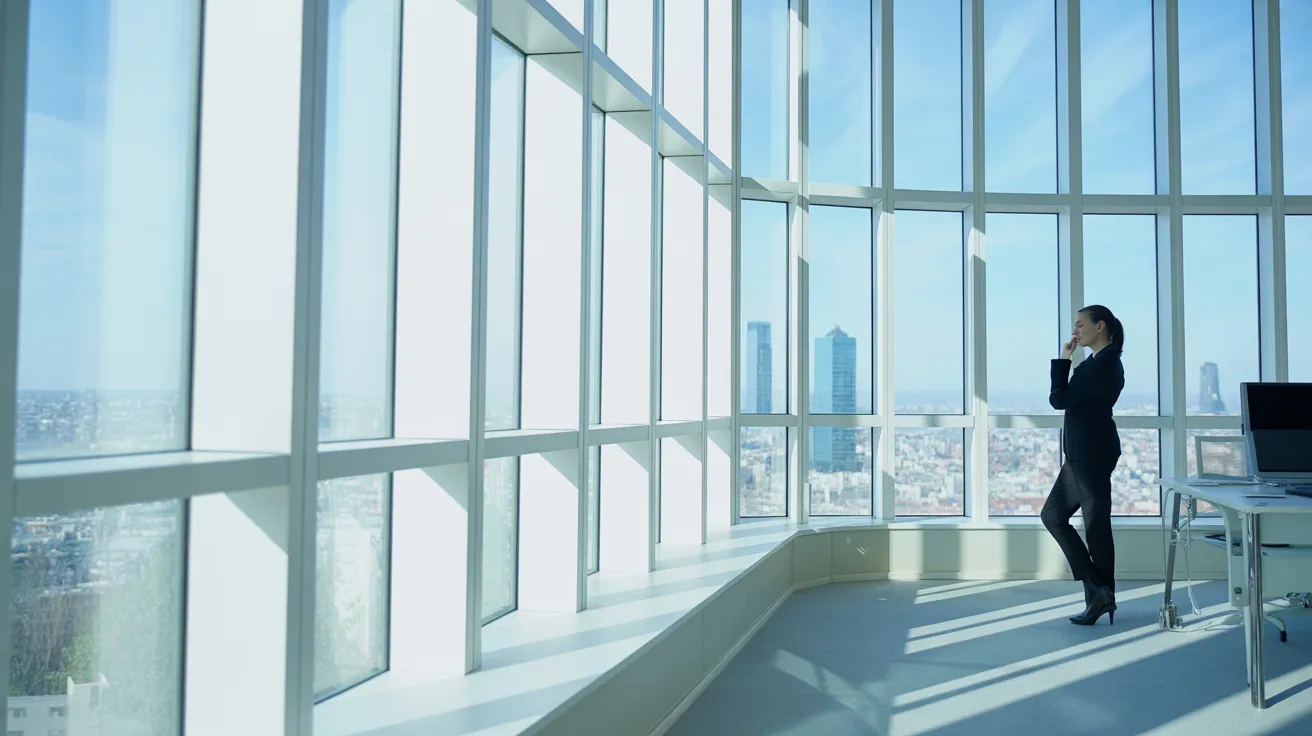 A woman stands in a sunlit, modern office, looking out a large window. Harsh light creates strong shadows across the polished floor.