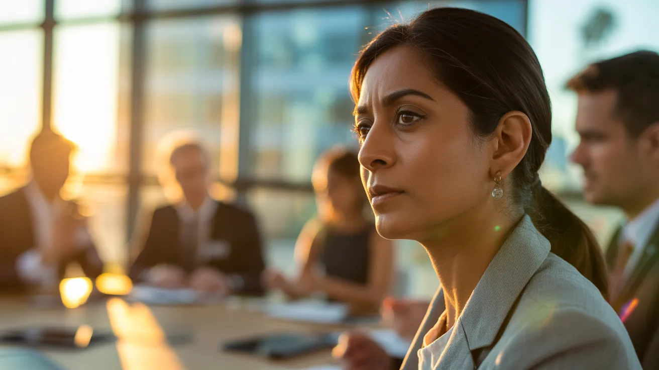 A woman with a thoughtful expression listens during a team meeting, highlighted by warm late-afternoon sunlight.
