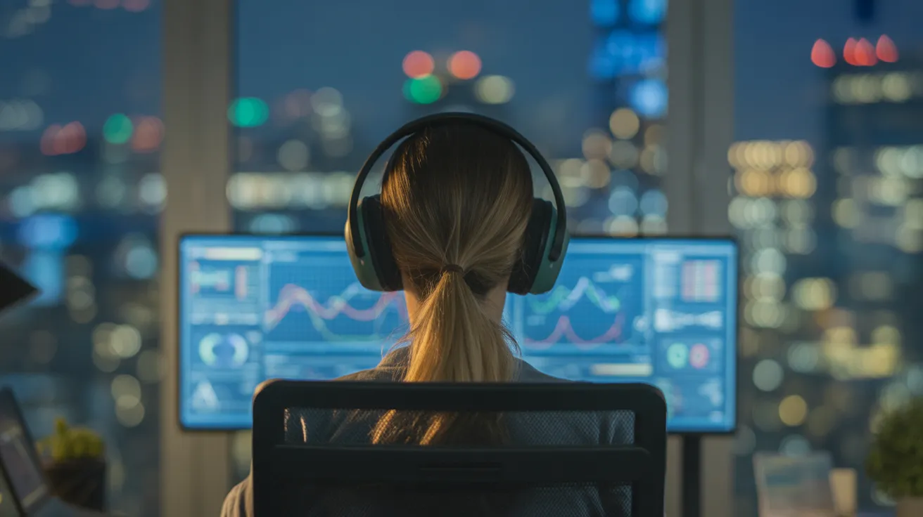 A woman in a dark office at night, wearing headphones and focusing intently on two computer monitors, with city lights blurred in the background.