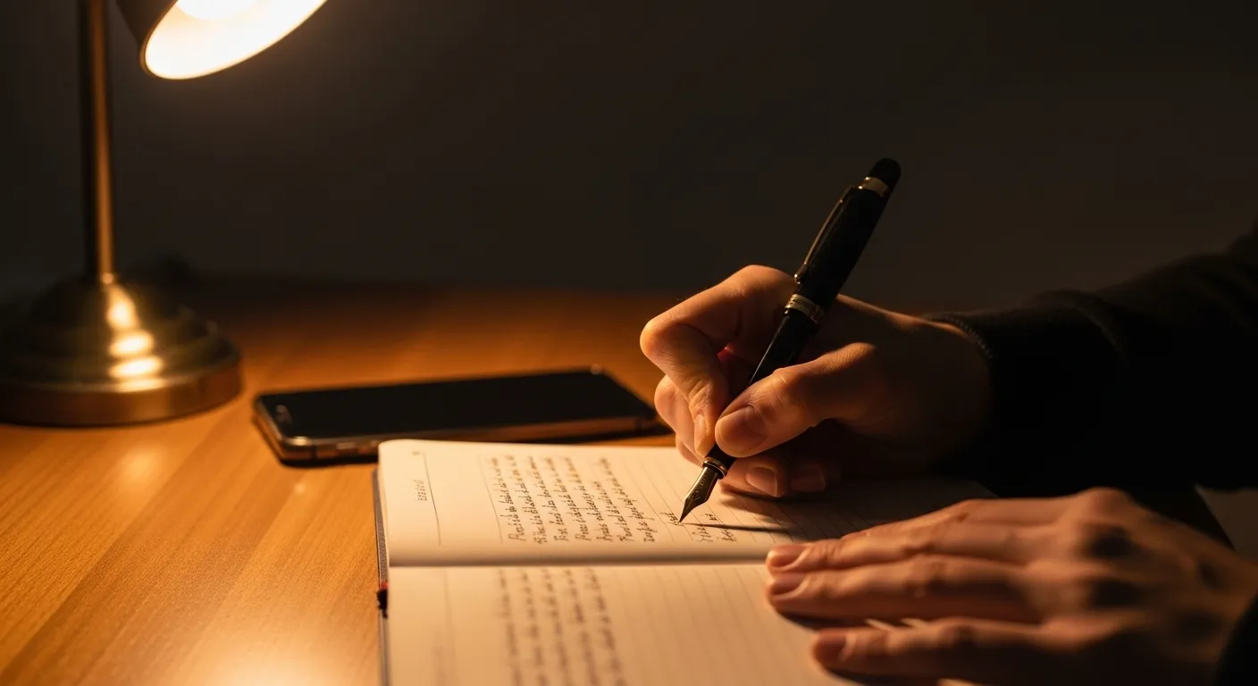 A person writes in a notebook at a desk under the warm glow of a lamp, their phone turned face down in the background.