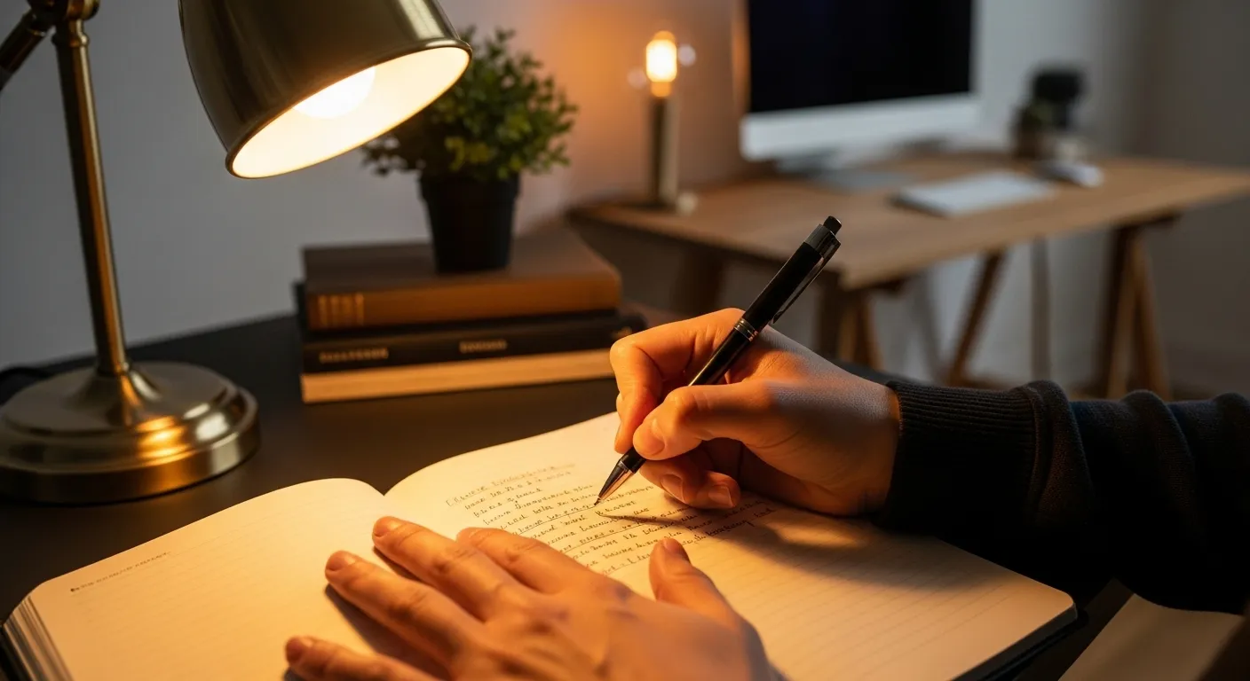 A close-up of a person writing in a notebook by lamplight, with some words neatly crossed out to show the editing process.