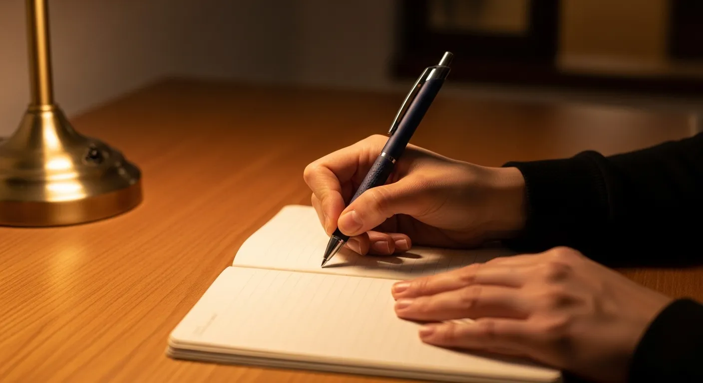 A person's hands writing in a notebook on a wooden desk under the warm glow of a lamp at night.
