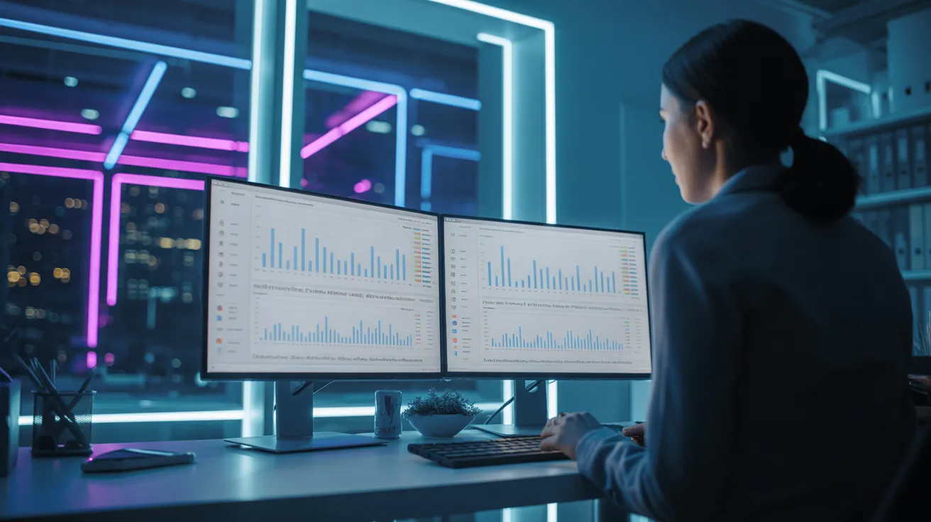 A woman works late in a city office, her face illuminated by monitors and the neon glow from the window behind her.