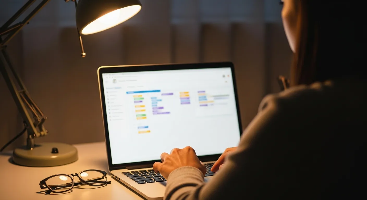 Over-the-shoulder view of a person working on a laptop with a project timeline on screen, lit by a warm lamp.