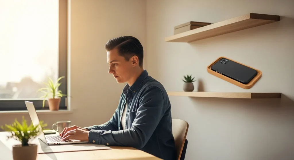 A person works on a laptop at an organized desk in a bright room. Their phone is stored separately on a nearby shelf.