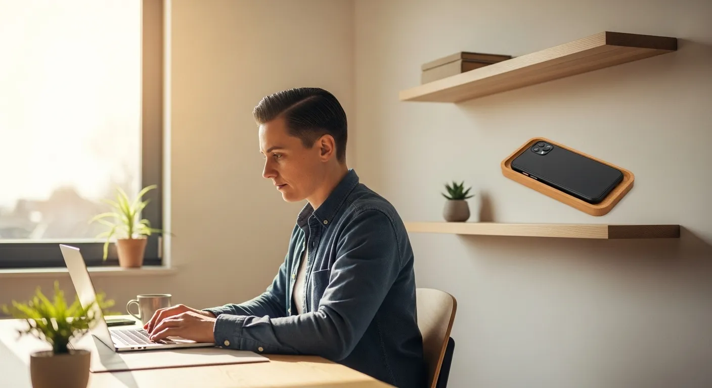 A person works on a laptop at an organized desk in a bright room. Their phone is stored separately on a nearby shelf.
