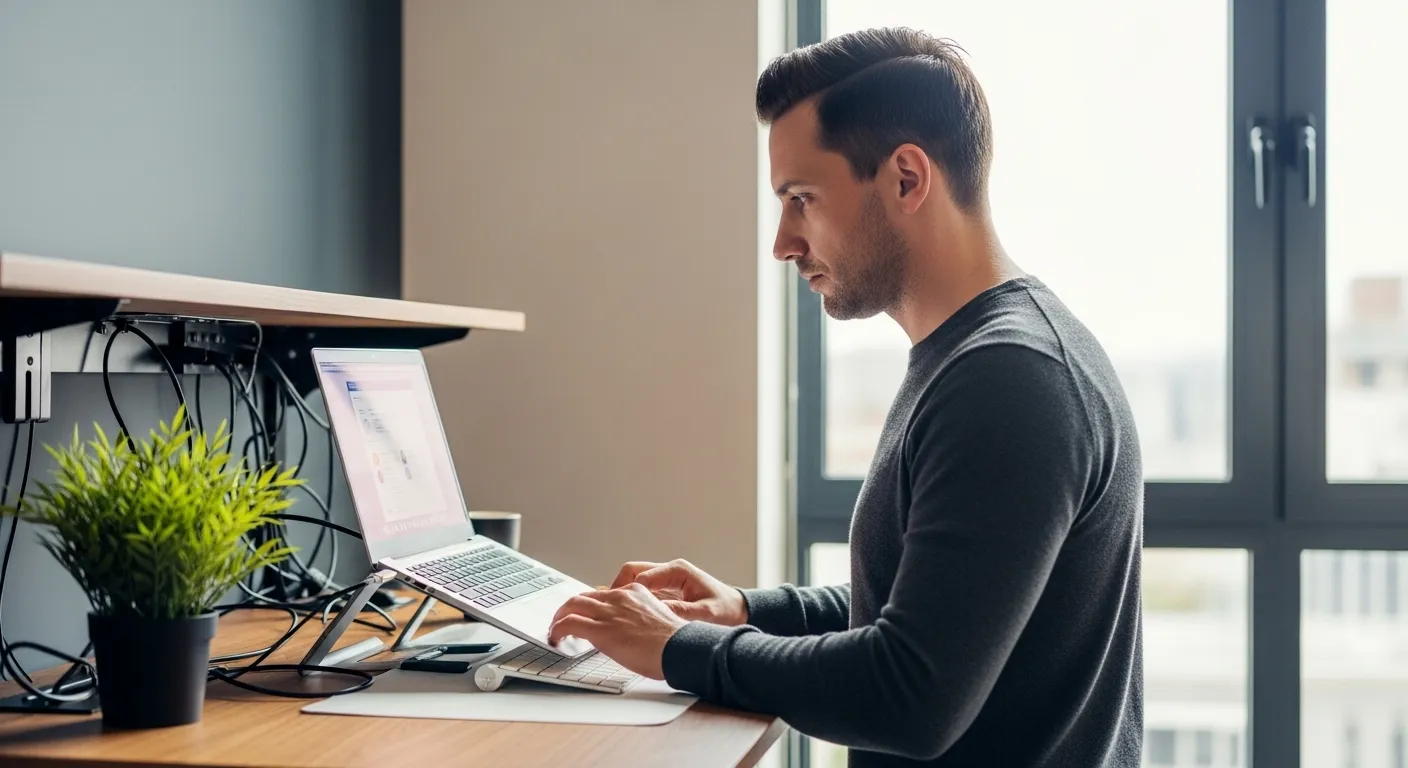 A person working at a standing desk next to a large window in a bright, modern office. Their laptop screen is blurred.