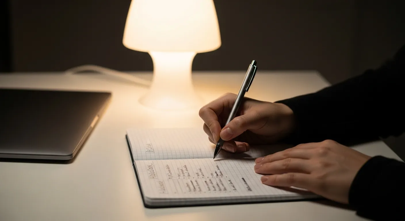 Close-up on a person's hands writing in a notebook at a tidy desk, warmly lit by a single lamp in the evening.