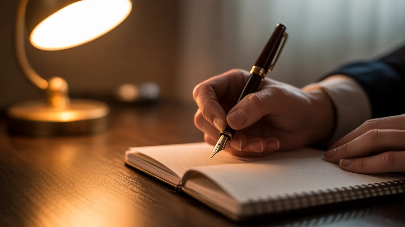 A close-up of a person's hands writing with a fountain pen in a notebook under the warm light of a desk lamp at night.