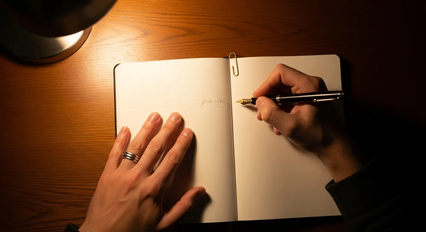 A close-up, top-down view of a person's hands starting to write an outline in a notebook under the warm glow of a desk lamp at night.