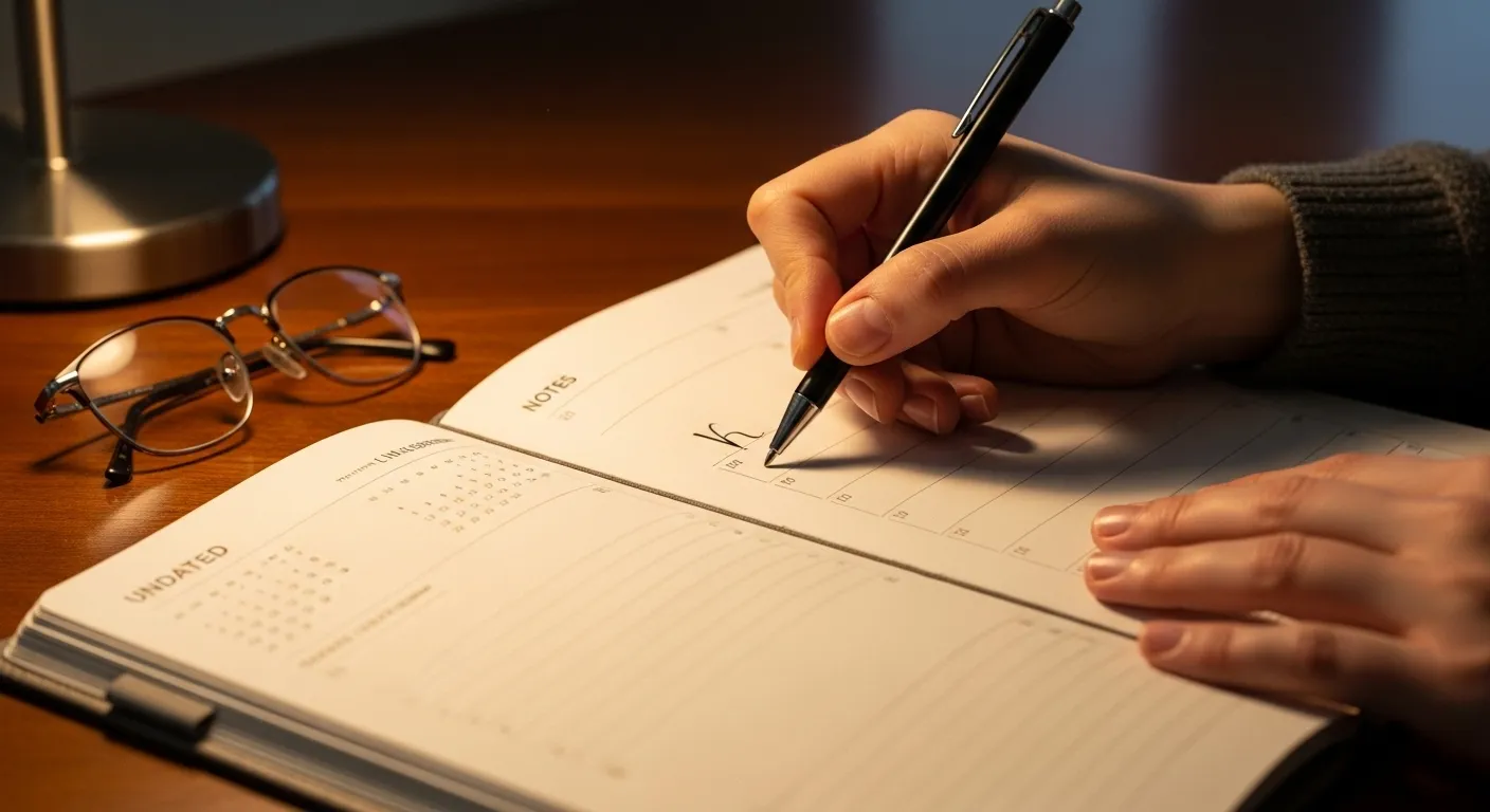 Close-up of hands writing in a planner on a wooden desk at night, illuminated by a warm lamp. Reading glasses are nearby.