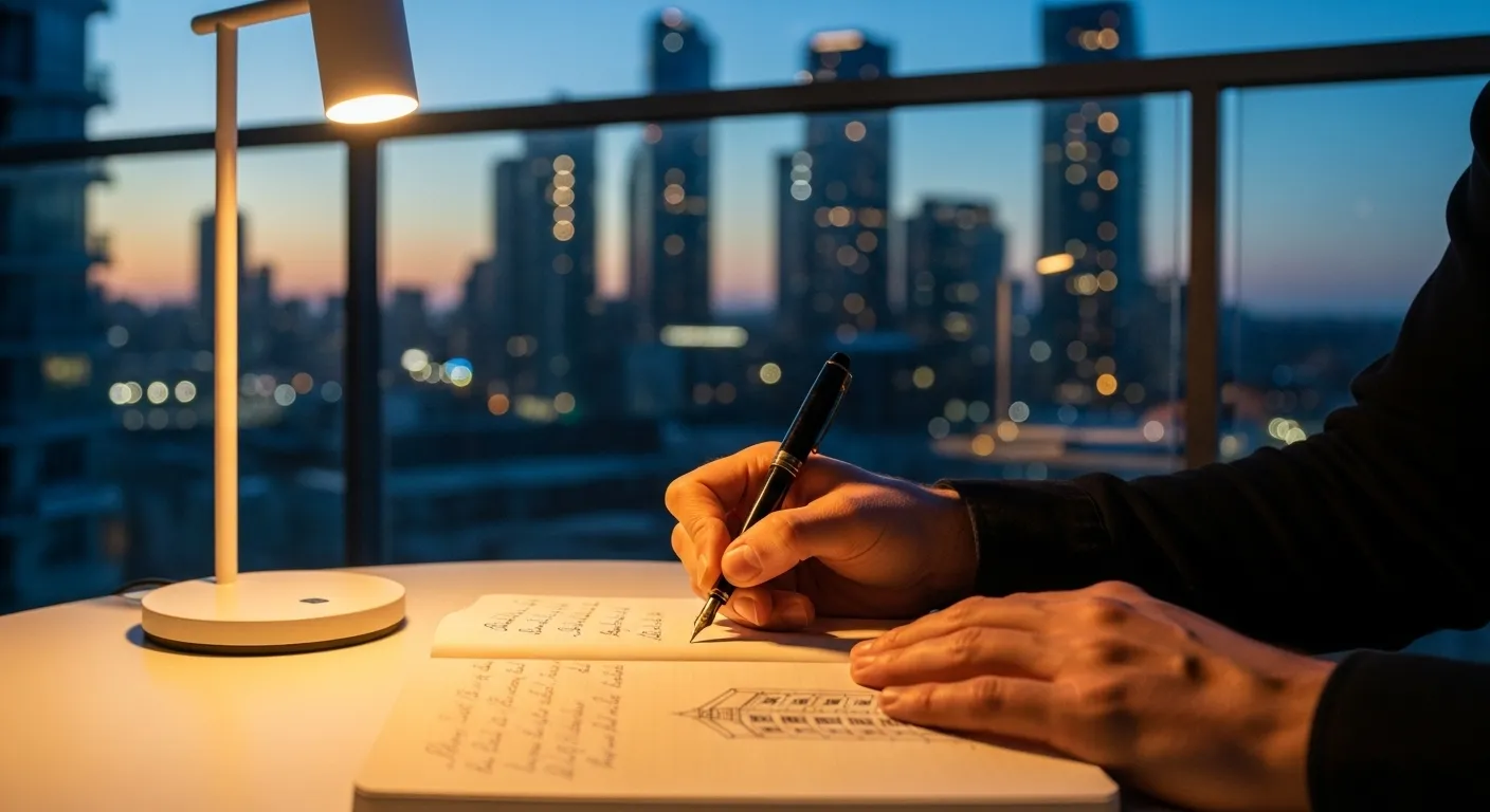 A close-up of hands writing in a notebook on a balcony table at night, illuminated by a warm lamp with city lights blurred in the background.