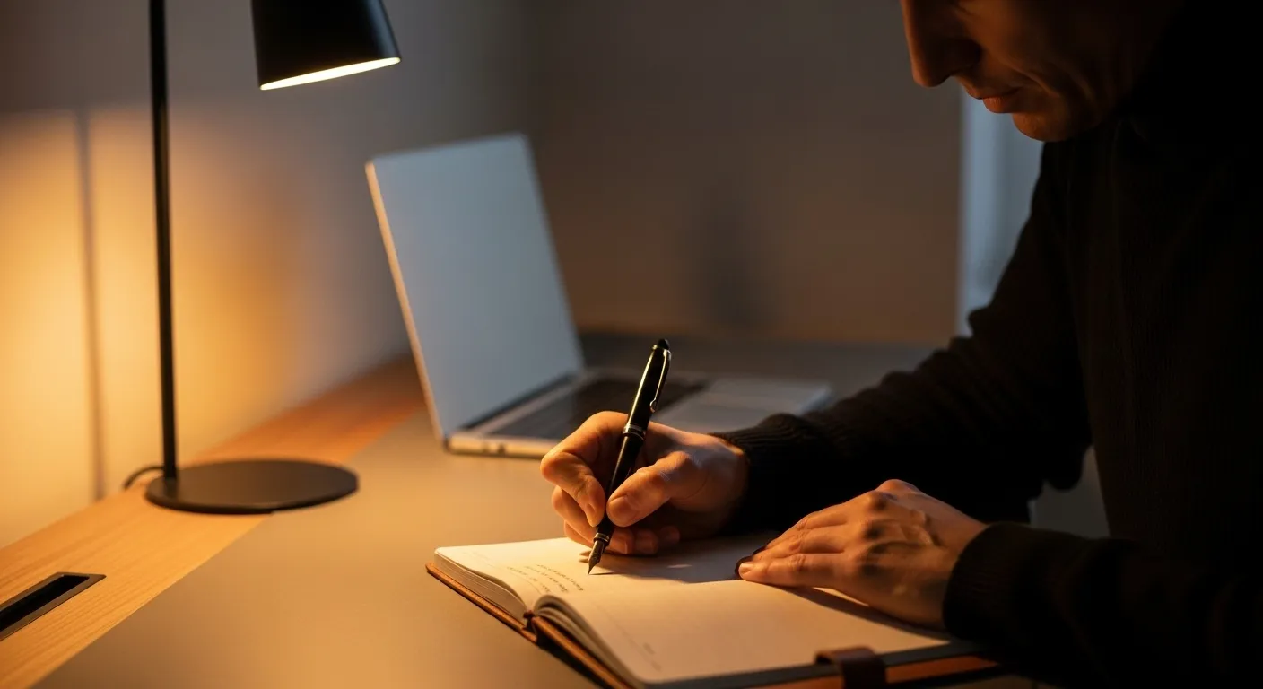 A person's hands writing in a notebook under the warm glow of a desk lamp at night, with a closed laptop nearby.