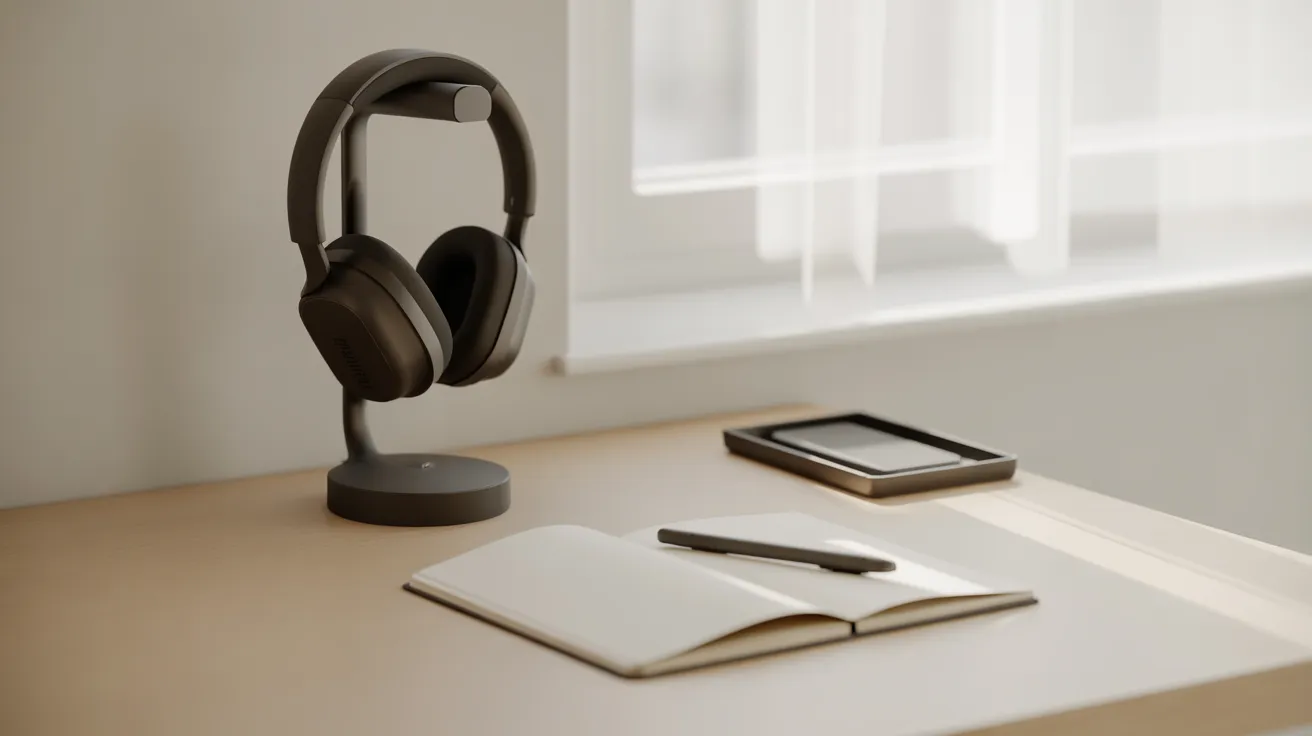 A tidy desk with headphones on a stand next to an open notebook. A smartphone is turned face down on a tray nearby, suggesting a focus session.