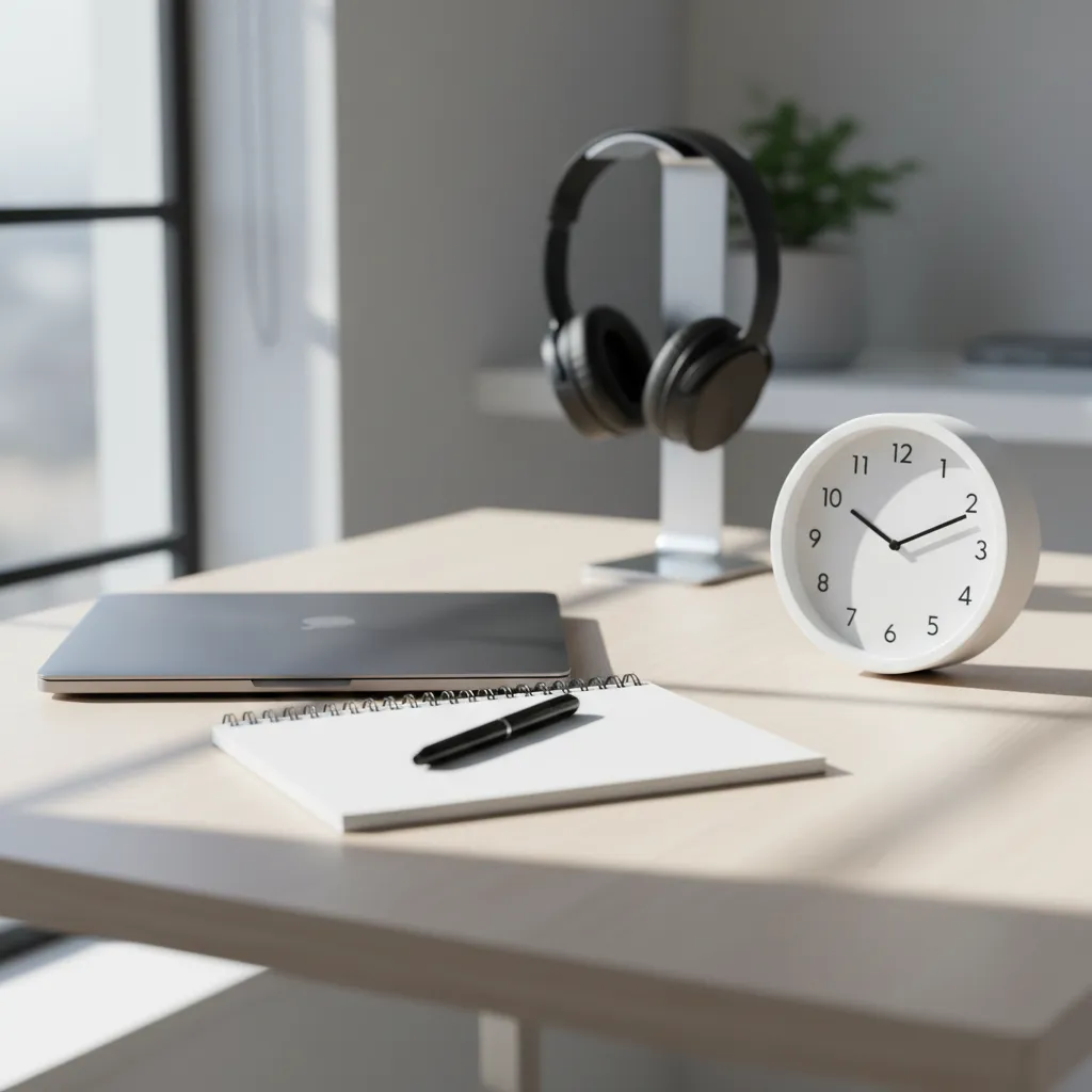 A tidy desk set up for deep work, with a closed laptop, notebook, and headphones, illuminated by bright morning light.