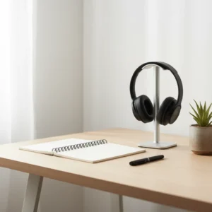 A tidy desk with an open notebook, pen, headphones on a stand, and a small plant, set up for a focused work session.