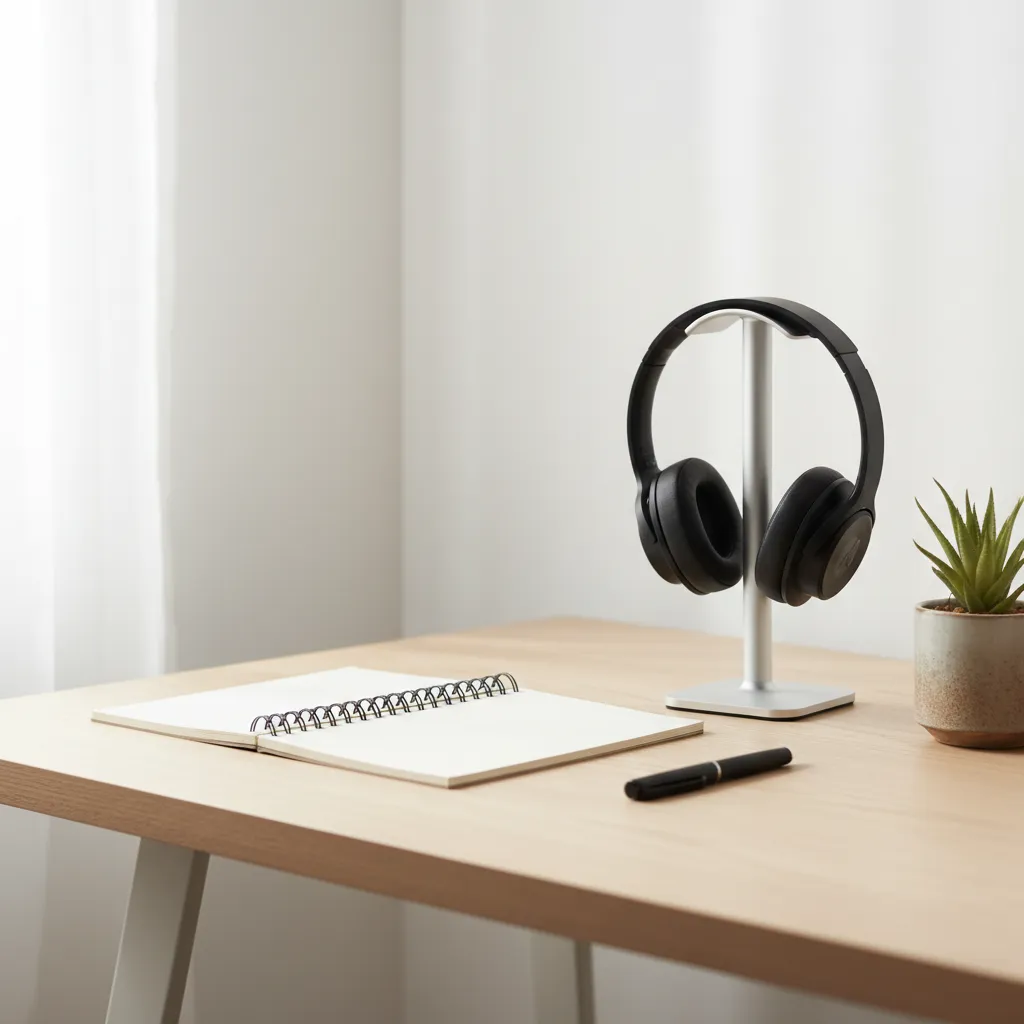 A tidy desk with an open notebook, pen, headphones on a stand, and a small plant, set up for a focused work session.