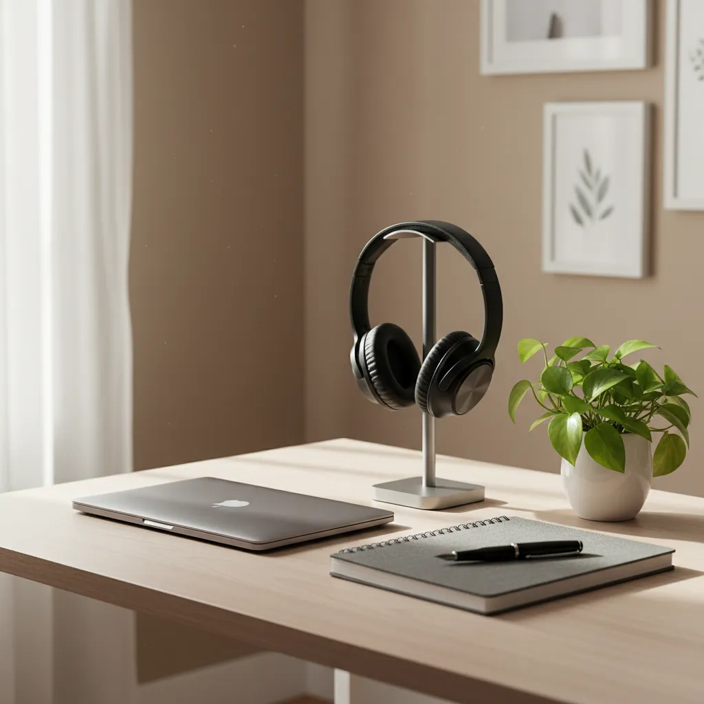 A minimal desk setup with a closed laptop, headphones, and a notebook, creating a serene environment for deep work at home.