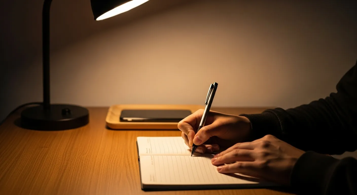 A person writes in a notebook under the warm light of a desk lamp at night, their smartphone placed face down and away from them.