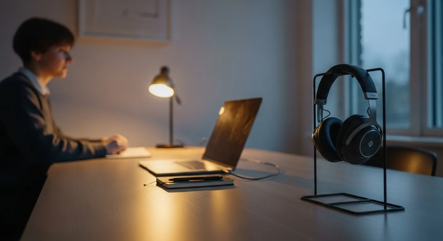 A quiet home office in the evening with a person at a desk. The focus is on headphones on a stand, ready for a period of concentration.