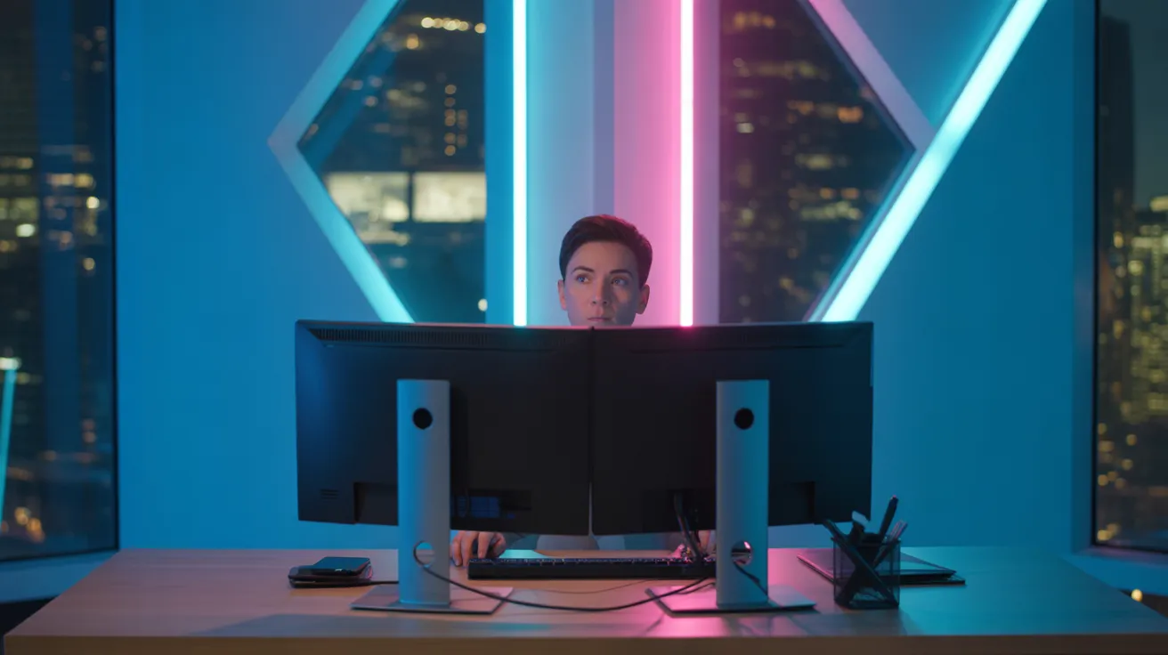 A person in a futuristic office at night, seen from a low angle, works at a dual-monitor setup illuminated by neon city lights from outside.