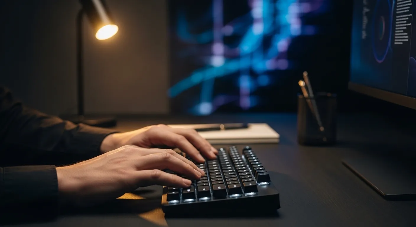 A person's hands typing on a keyboard in a dimly lit office, with a warm lamp and monitor glow.
