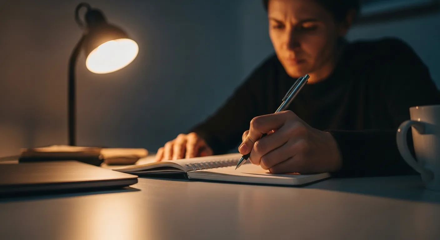A close-up of a person's hand writing in a notebook at night, illuminated by the warm glow of a desk lamp.