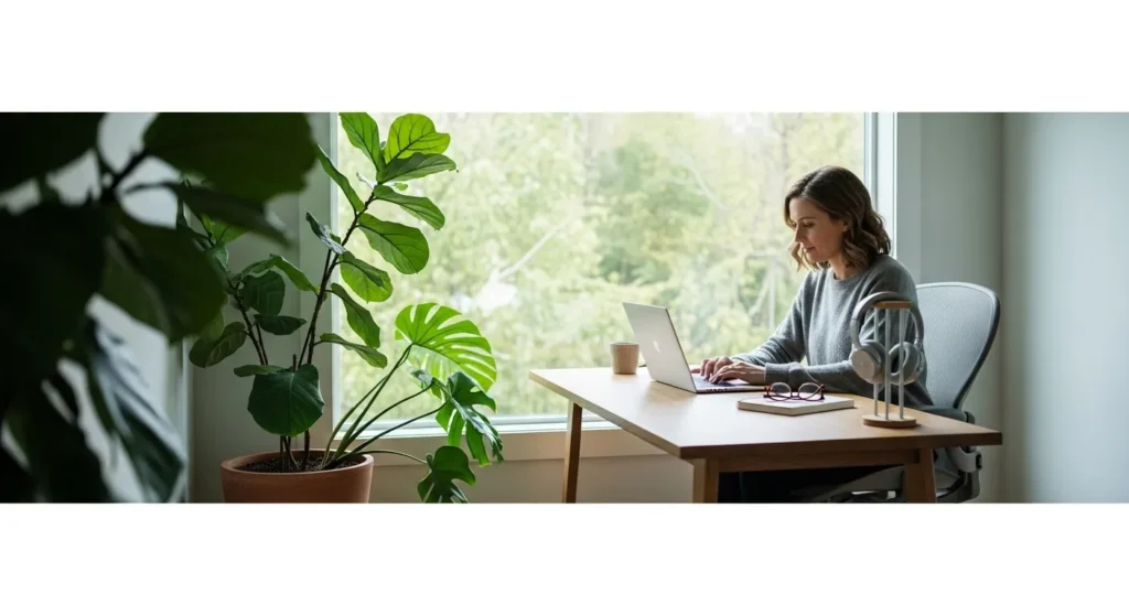 A woman works at a clean desk in a well-lit home office, with a large plant and headphones visible, creating a focused atmosphere.
